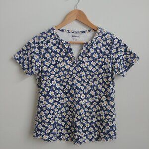 LL Bean 100% cotton daisy print elevated tee top blue white yellow XS Petite